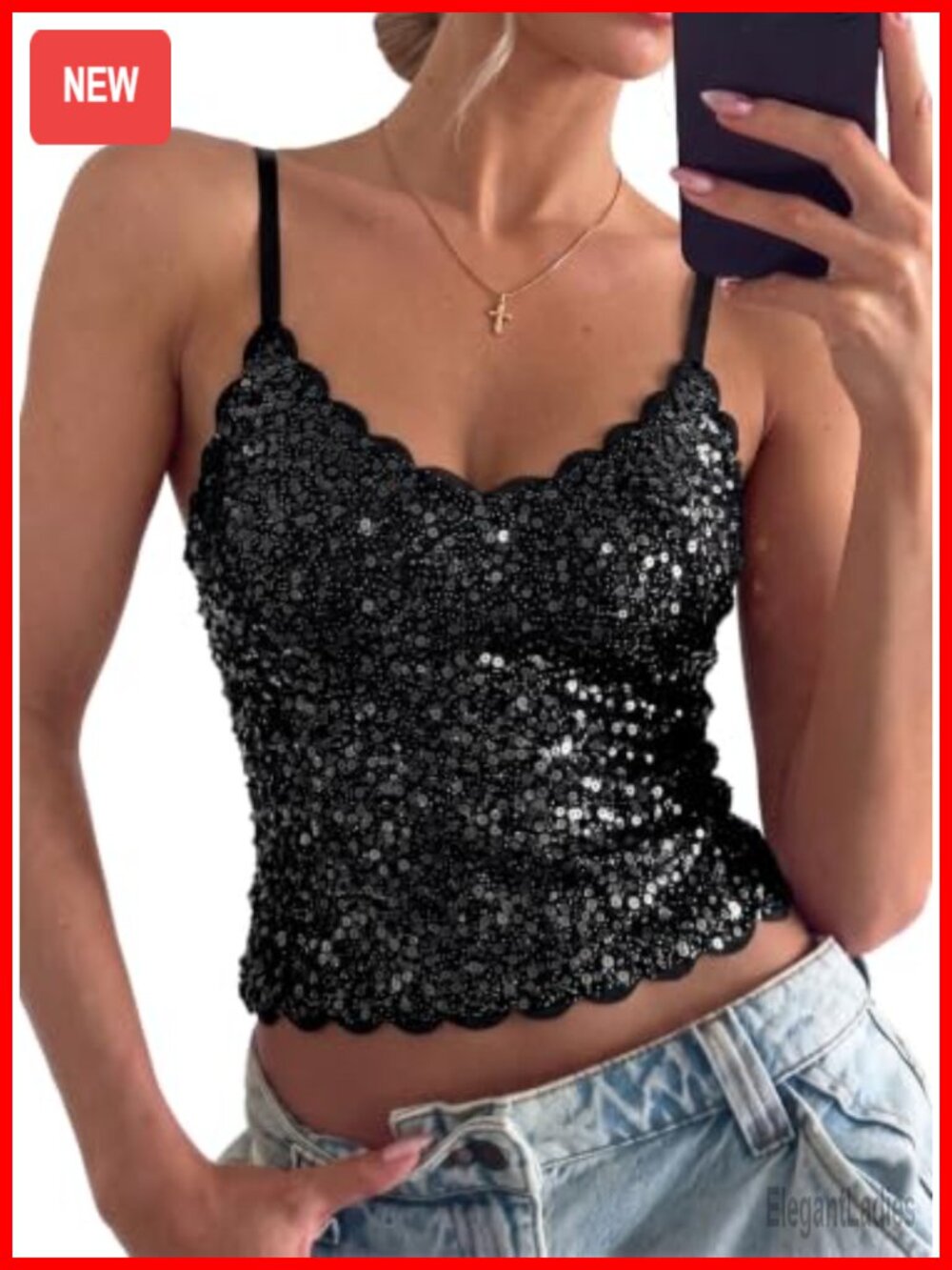 Sequin V-Neck Tank Top with Built-in Bra Sleeveless Party Camisole
